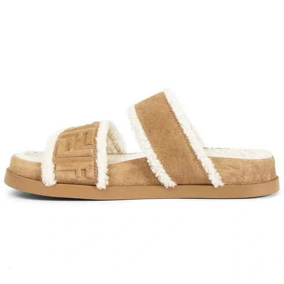 FENDI Feel FF logo shearling lined suede leather slides sandals - Picture 6 of 8